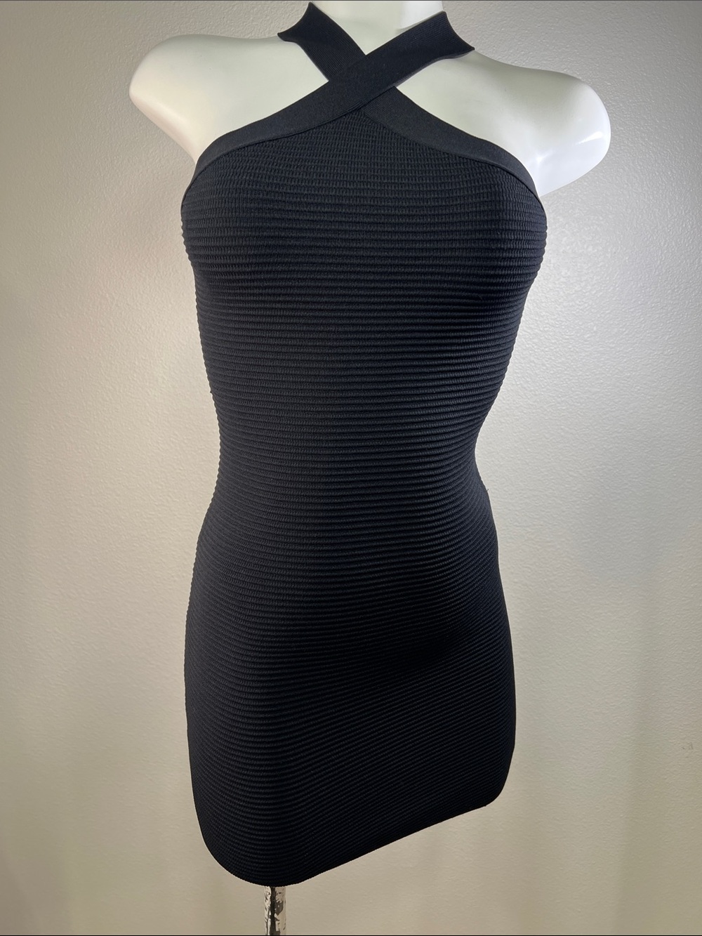 Forever 21 Black Ribbed Crisscross Halter Bodycon Mini Dress Short LE SMALL